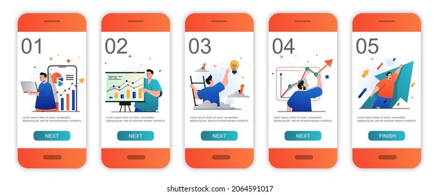 Business growth concept onboarding screens for mobile app templates. Profit, financial statistics. Modern UI, UX, GUI screens user interface kit with people scenes for web design. Vector illustration