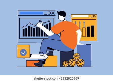 Business growth concept with people scene in flat design for web. Man researching data graphs and financial report with progress. Vector illustration for social media banner, marketing material.