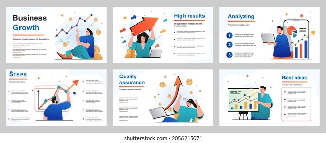Business growth concept for presentation slide template. Businessman and businesswoman analyze financial data, develop successful strategy, work management. Vector illustration for layout design
