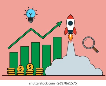 Business growth concept with rocket launch and rising graph showing success