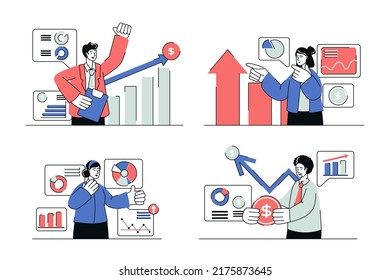 Concepto de crecimiento de negocio establecido en diseño de línea plana. Hombres y mujeres analizan las estadísticas financieras, optimizan la estrategia empresarial y aumentan los ingresos. Ilustración vectorial con escena de personas de contorno para web