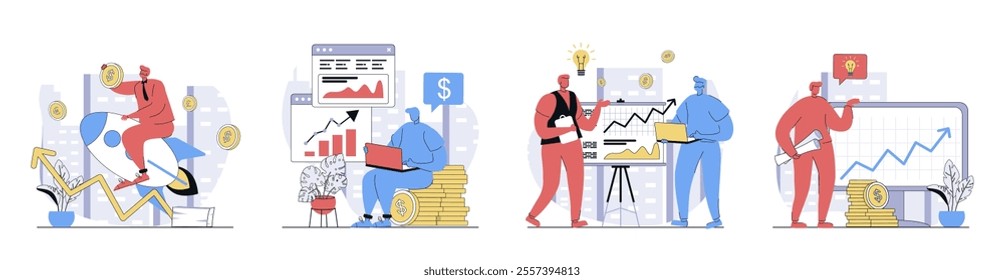 Business growth concept set in flat design for web. Collection with people launch startup company, make data analysis, developing project together, get financial arrow increase. Vector illustrations.