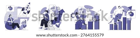 Business growth concept set for web design. Collection with people developing project, launching startup, making data analysis with financial rise statistic and arrow up graph. Vector illustration.