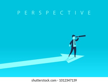 Business growth concept with upward arrow and a businessman looking forward through the telescope. A symbol of success, achievement. Vector illustration.