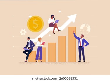 Business Growth Concept. Vector illustration of a group of diverse people in office suits working against the rising graph. Isolated on background.