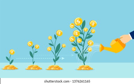 Business growth concept. Vector of a business man hand with pot watering profitable money tree 