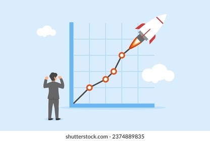 Konsequentes Wirtschaftswachstum. Gewinnsteigerung, Umsatzsteigerung und Umsatzsteigerung, begeisterter Geschäftsmann, der eine Grafik betrachtet, die mit dem Symbol einer steigenden Rakete weiter steigt. 