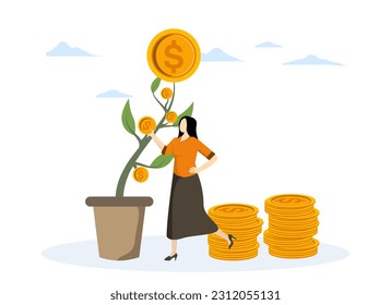 Business growth. Creating sustainability for business. wealth management. Profits from long term investment. Businesswoman taking cash from money tree. flat vector illustration.
