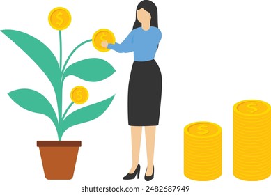 Business growth. Creating sustainability for business. wealth management. Profits from long term investment. Businesswoman taking cash from money tree. flat vector illustration.