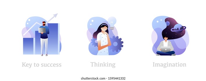 Business growth, creative planning, innovative development. Key to success, thinking, imagination metaphors. Creative entrepreneurship icons set. Vector isolated concept metaphor illustrations