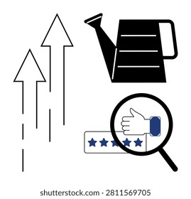 Business growth, customer satisfaction, quality control, team success, brand improvement, feedback evaluation. Arrows, watering can magnifying glass on thumbs-up with stars. Business growth