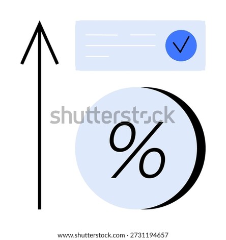 Business growth, data analysis, financial progress, approval, performance improvement, marketing strategy. A percentage symbol, an arrow pointing up and a checkmark box. Business growth and data