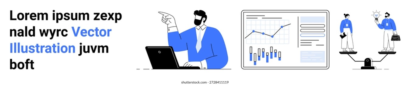 Business growth, data analysis, teamwork, career development, equality, market strategy. Man analyzing data, chart on screen two professionals balancing scales. Business growth and data analysis