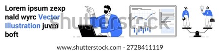 Business growth, data analysis, teamwork, career development, equality, market strategy. Man analyzing data, chart on screen two professionals balancing scales. Business growth and data analysis