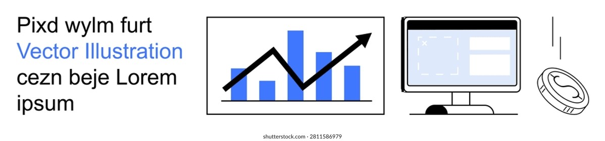 Business growth, data analytics, financial success, digital strategy, economic progress, technology. Image of bar graph with upward arrow and computer monitor. Business growth and data analytics