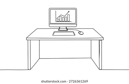 Pantalla de gráfico de datos de crecimiento empresarial monitor de computadora con ratón de teclado moderna configuración de escritorio de oficina