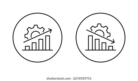 Business growth and decline chart icon with gear. Productivity, performance, and efficiency analysis symbol in circular outline