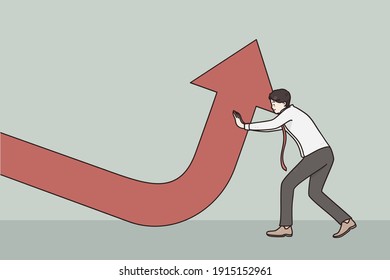 Business growth, development, achieving success concept. Positive determined businessman pushing arrow up to change direction and gain targets and success in business himself vector illustration 