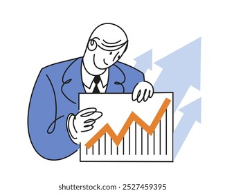Business growth and development concept, businessman holding growing chart with arrows, black and blue colors, vector illustration with line.