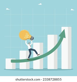 Business growth and development with creative ideas and innovation, creativity and intellect to achieve heights, brainstorming for great success, man carries a light bulb on the arrow of growing graph