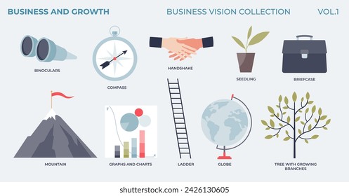 Business growth, development and vision elements in labeled tiny collection. Company deals, future financial ambitions and achievements vector illustration. Successful leadership and performance.