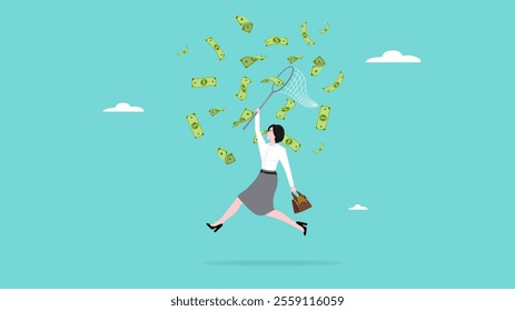 business growth with earning rising, businesswoman catching money with a butterfly net illustration. businesswoman Happy Using Business Opportunity Scooping money, investment earning rising