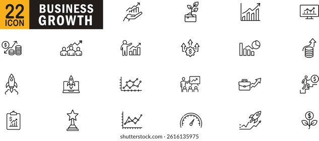 Business growth editable outline icon set. Profit chart success revenue development and more.