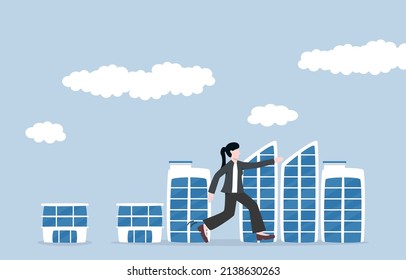 Business Growth, Business Expansion, Company Development Or Career Growth Concept. Successful Businesswoman Walking Through Small Offices And Going To Larger Office Building. 