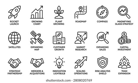 Business growth and expansion vector line icons set. includes rocket launch, growing chart, plant growing, roadmap, compass, magnifying glass strategy, satellites, expanding map, customer growth, market research, expanding sales, capital investment, strategic partnership, mergers and acquisitions, innovation lightbulb, scaling operations, risk analysis shield, and team expansion.