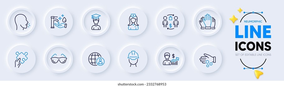 Business growth, Eyeglasses and International recruitment line icons for web app. Pack of Puzzle, Student, Hospital nurse pictogram icons. Vote, Washing hands, Foreman signs. Cough. Vector