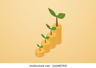 Business Growth, Finance And Profit. Tree On A Pile Of Developed Coins Growing On A Yellow Background. 3d Isometric Vector Illustration.