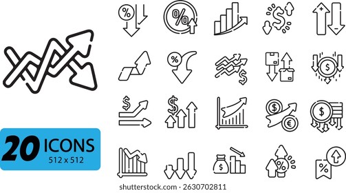 Business Growth and Financial Fluctuation Icon Set: 20 Outline Vector Illustrations for Increase and Decrease Trends