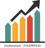 Business growth and financial progress vector illustration. Multicolored upward pointing arrow bar chart with black trend line.