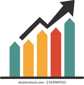 Business growth and financial progress vector illustration. Multicolored upward pointing arrow bar chart with black trend line.