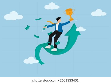 Business Growth and Financial Success. Businessman Riding an Upward Arrow, Holding a Trophy, and Achieving Wealth.