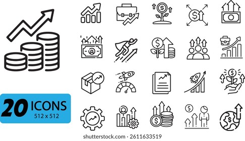 Business Growth and Financial Success Icon Set: 20 Outline Vector Illustrations Depicting Progress and Investment