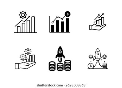 business growth and financial success icons set - bar graphs, rocket, coins, dollar signs, and gears
