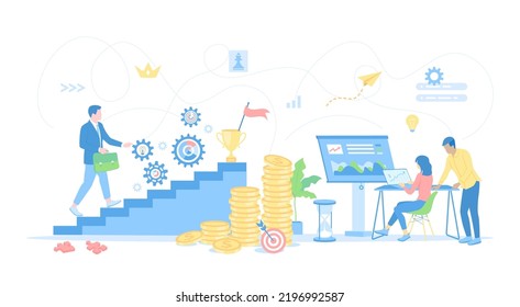 Business growth, Financial success. Man walks the stairs to victory, people work in the office. Planning, Investment, Teamwork, Work progress. Vector illustration flat style.