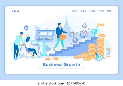 Business growth, Financial success, Planning, Investment, Teamwork, Work progress. Man walks the stairs to victory, people work in the office.  landing web page design template decorated with people.