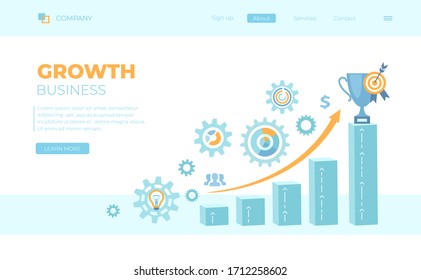 Business growth, Financial success, Planning, Working, Management, Marketing. Perspective. Growth steps, arrow, graphs, charts, winner's cup, target. Can use for web banner, landing page, web template