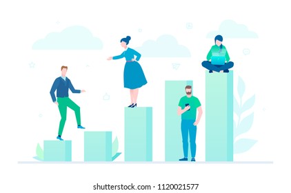 Business growth - flat design style colorful illustration on white background. A composition with office workers or businessmen sitting and standing on a diagram sectors, team working on a project