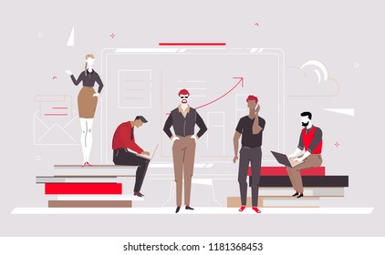 Business growth - flat design style colorful illustration on gray background. A composition with male, female colleagues working on a project, sitting on big books, diagrams, charts on computer screen
