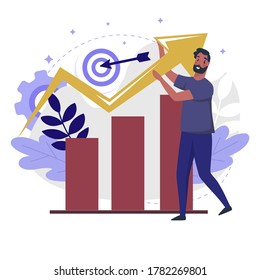 Business Growth flat illustration. Sales Management Process and Business Prospects color design. Person with Chart and Arrow Goes Up vector colorful metaphor, isolated on white background.