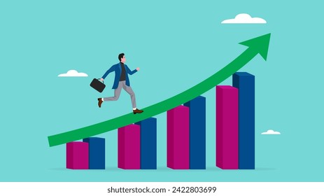 business growth followed by a lot of income for career success and financial freedom, journey to career success or business growth, profit performance, businessman running up on growth graph concept