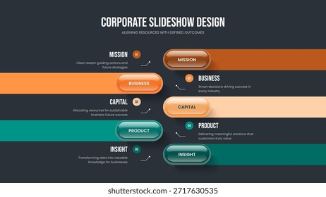 Ilustración vectorial de Plantilla del Marco de Crecimiento Empresarial. Consultoría Introducción Diseño de presentación infográfica de 5 elementos. Diseño de presentación de diapositivas de cinco opciones de planificación creativa.