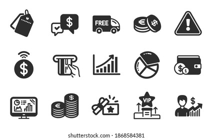 Business growth, Free delivery and Payment received icons simple set. Analytics graph, Sale tags and Credit card signs. Loyalty gift, Vip podium and Currency symbols. Flat icons set. Vector