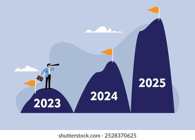 Ilustración de crecimiento empresarial y perspectivas de futuro con hitos anuales 2023, 2024, 2025 Ilustración vectorial plana 2d