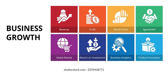 Business Growth Glyph Solid Banner Web Icon Set Vector Illustration