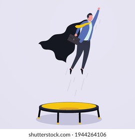 Business growth, goal achievement and leadership concept, overcome financial difficulties. Superhero businessman jumping on trampoline upwards  climbing career ladder. 