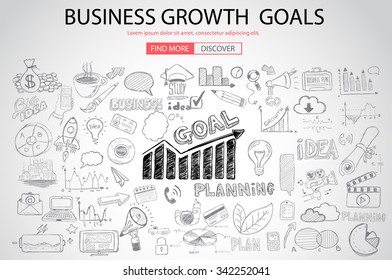 Business Growth Goals Concet With Doodle Design Style :finding Solution, Brainstorming, Creative Thinking. Modern Style Illustration For Web Banners, Brochure And Flyers.